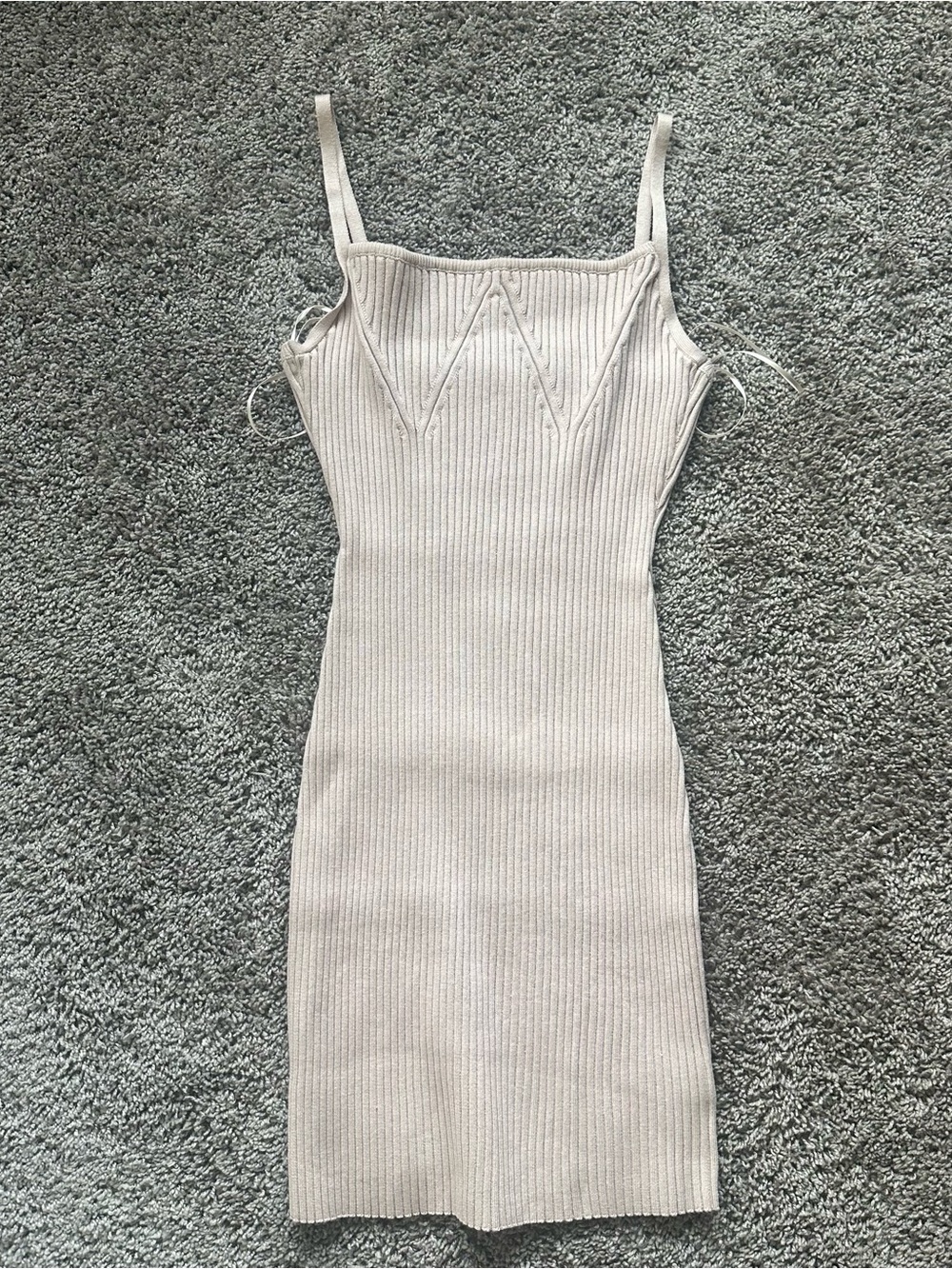 Ribbed Knit Spaghetti Strap Mini Dress - Cream